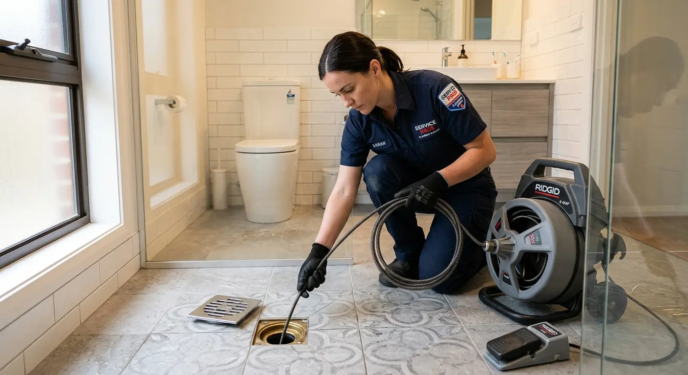 Technician clearing a bathroom floor drain for Drain Repair in Newport